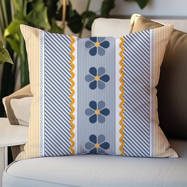 Coussin Bandes diagonales florales bleues et jaunes (Créateur téléchargé)