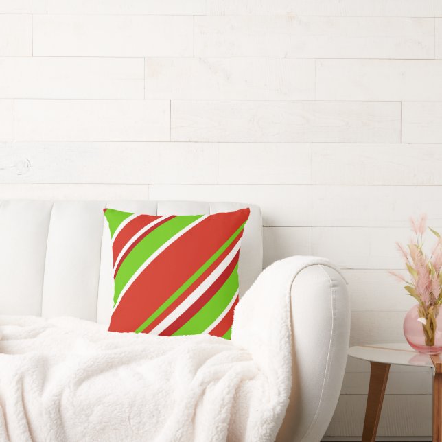Coussin Bandes diagonales rouge vert et blanc (Canapé)