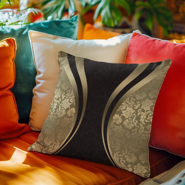 Coussin Bandes dynamiques noir et or Damas (Créateur téléchargé)