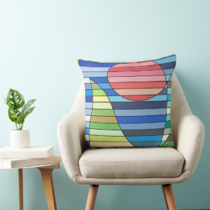 Coussin Bandes géométriques avec cercle rouge et courbes v