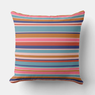 Coussin Bandes horizontales bleu rose terre cuite rétro