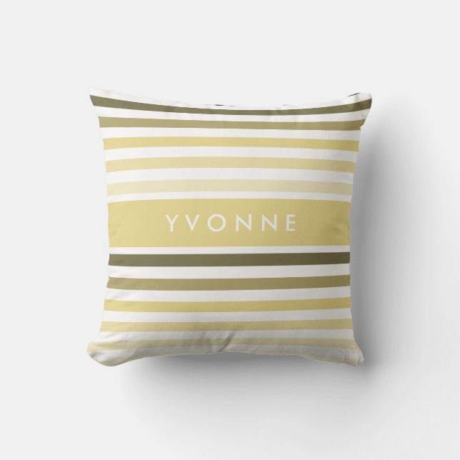 Coussin Bandes horizontales chic avec nom en Jaune tendre (Recto)