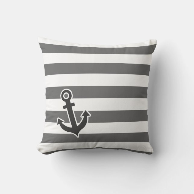 Coussin Bandes horizontales grises dim; Ancre nautique (Recto)