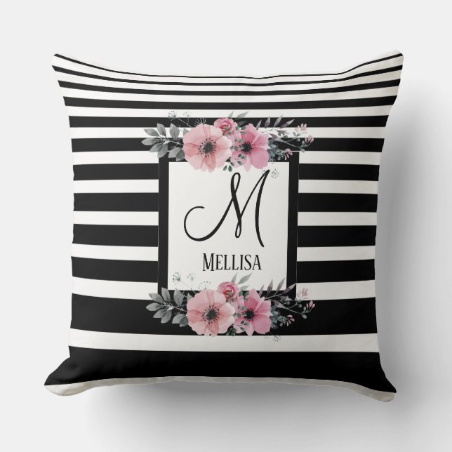 Coussin Bandes noires et blanches Monogramme floral rose (Recto)