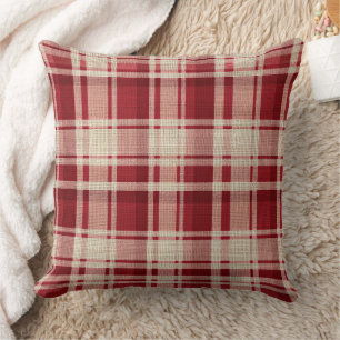 Coussin Bandes Plaid Crème Rouge