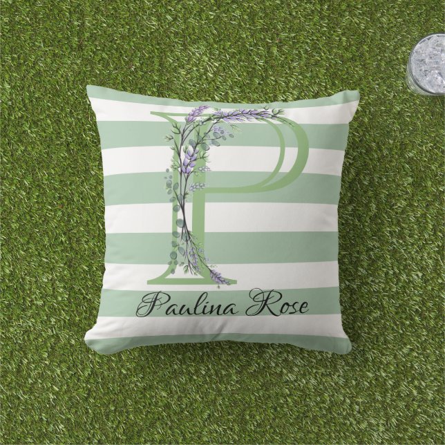 Coussin Bandes vertes doux monogramme lavande verdure (Herbe)