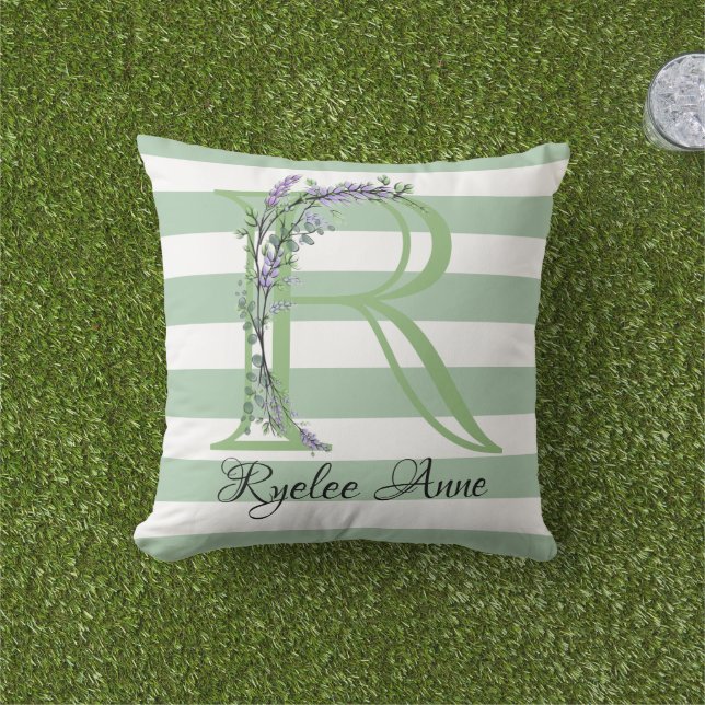 Coussin Bandes vertes doux monogramme lavande verdure (Herbe)