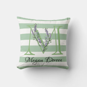 Coussin Bandes vertes doux monogramme lavande verdure