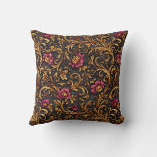 Coussin Baroque Floral Foncé avec Rinceaux Dorés