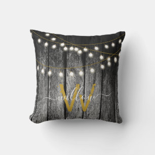 Coussin Barre Rustique Noir Bois Or Chaîne Lumière Monogra