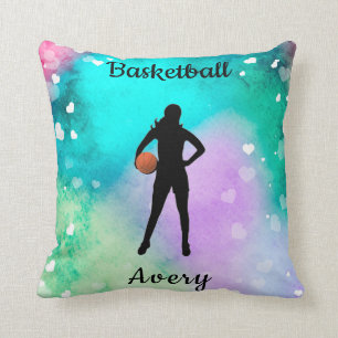 Coussin Basket-ball Féminin Aquarelle avec Cœurs Flottants