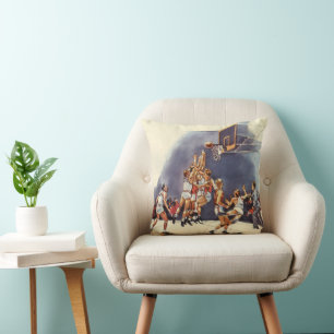 Coussin Basket-ball sportif vintage, joueurs dans un jeu