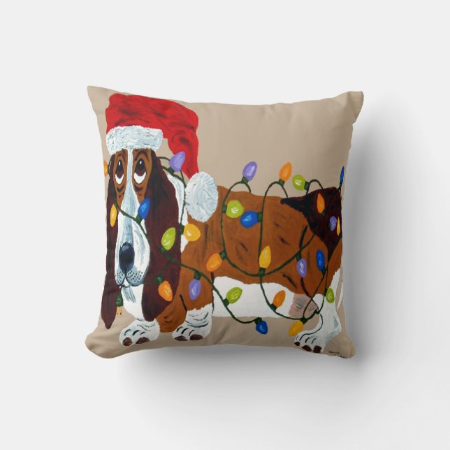 Coussin Basset embrouillé dans des lumières de Noël (Recto)