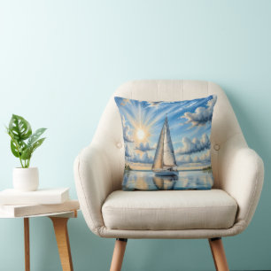 Coussin Bateau À Voile Aquarelle Naviguant Sous Le Soleil
