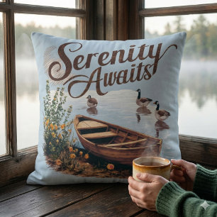 Coussin Bateau du lac Serene avec oies et Fleurs sauvages
