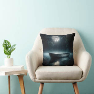 Coussin Bateau en bois sur lac au clair de lune