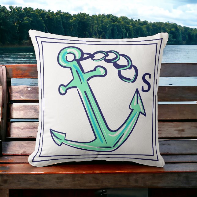 Coussin Bateau nautique Ancre verte de la marine Monogram (Créateur téléchargé)