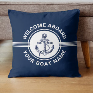 Coussin Bateau nautique blanc et bleu Roue et Ancres
