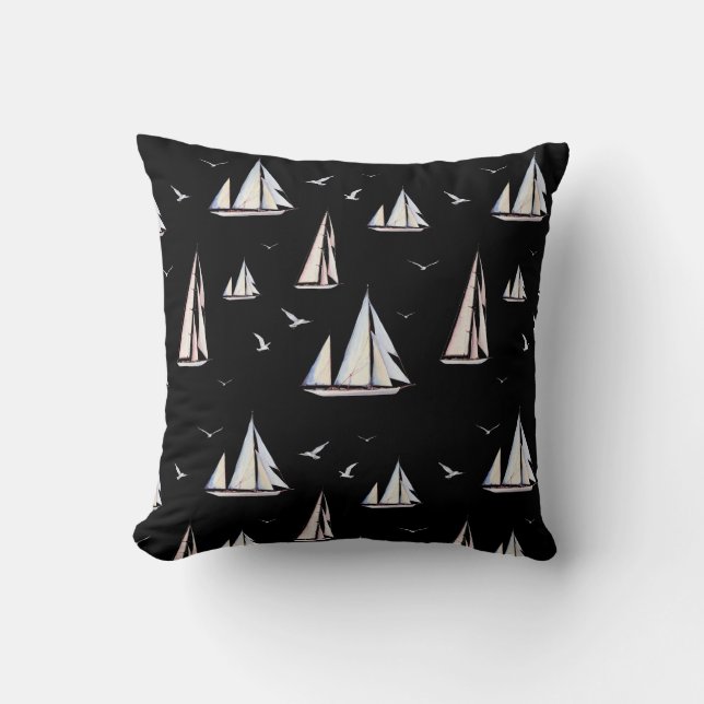 Coussin Bateaux à voile et mouettes sur le noir (Recto)