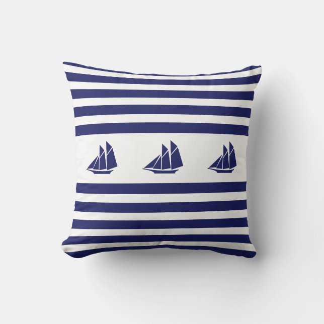 Coussin Bateaux nautiques sur Bleu & Blanc rayés (Recto)