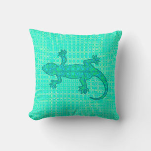 Coussin Batik tribal Gecko - turquoise / paon