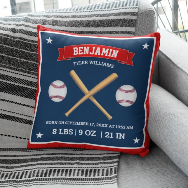 Coussin Bats et balles de baseball rouge et bleu Statistiq (Créateur téléchargé)