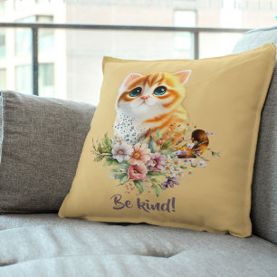 Coussin "Be Kind" Inspirational Kitten Design Floral