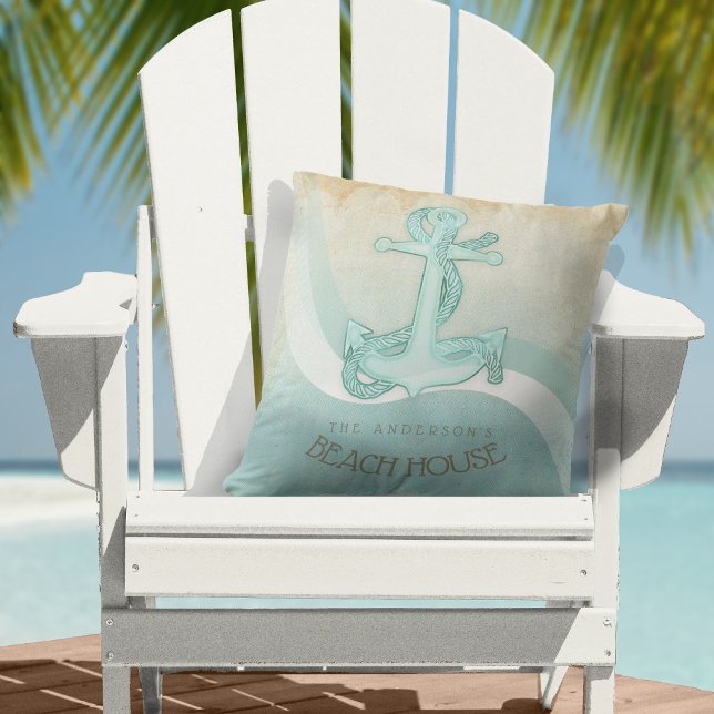 Coussin Beach House Ancre nautique et corde Aqua ID623 (Créateur téléchargé)