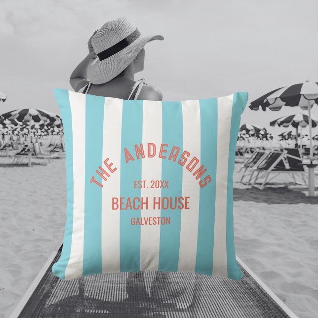 Coussin Beach House Nom personnalisé Blue Cabana Stripe (Créateur téléchargé)