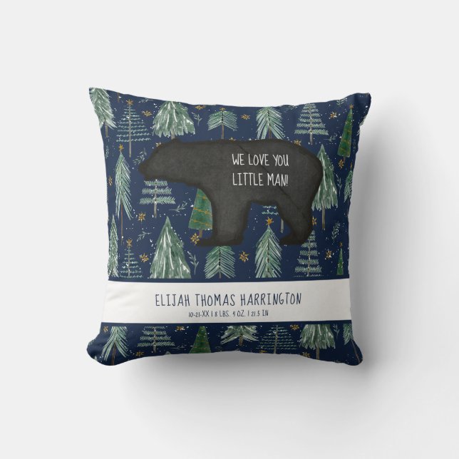Coussin Bear Navy Blue Woodland Forest Chiffres de naissan (Recto)
