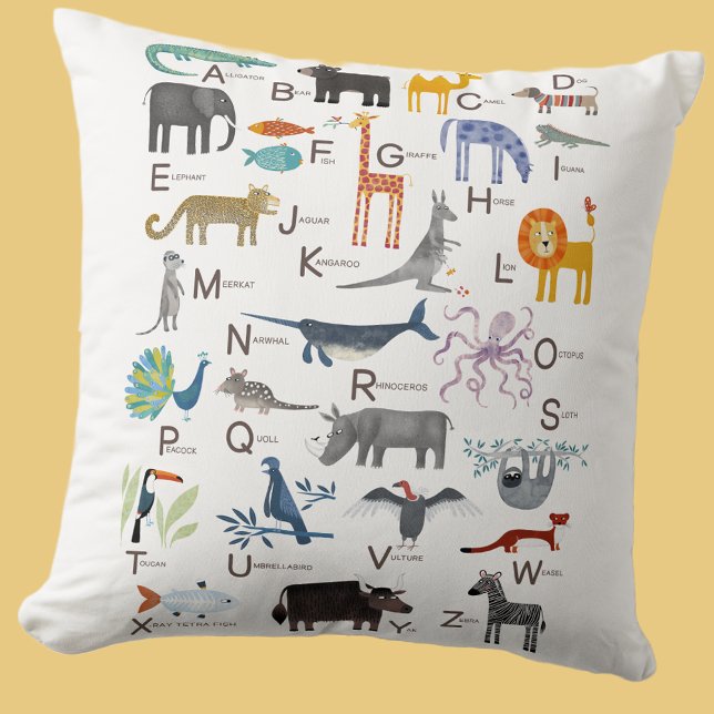 Coussin Beau animal ABC Alphabet Enfants (Cute animal ABC alphabet pillow for newborn, boy or girl gender neutral nursery or kids room decor)