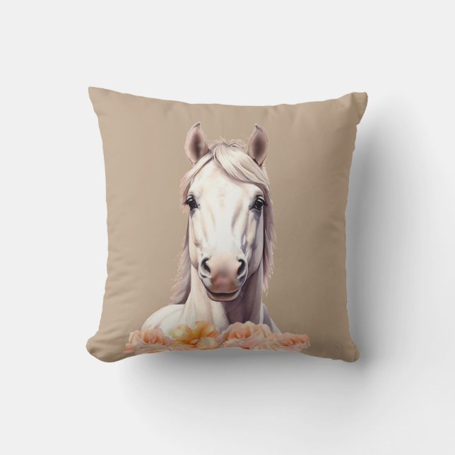 Coussin Beau Cheval et Fleurs roses sur Beige (Recto)