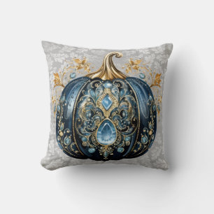 Coussin Beau citrouille bleu et or bijoux