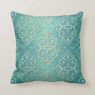Coussin Beau Damassé Vert Sarcelle en Distress