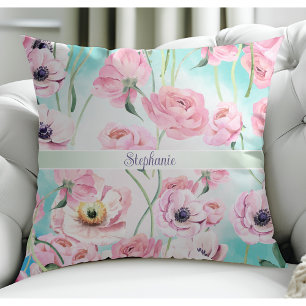 Coussin Beau Elégant Roses floraux rose avec ciel bleu