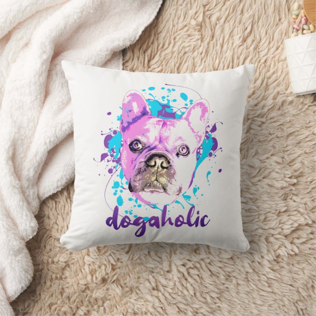 Coussin Beau Français Bulldog visage rose bleu Dogaholic (Couverture)