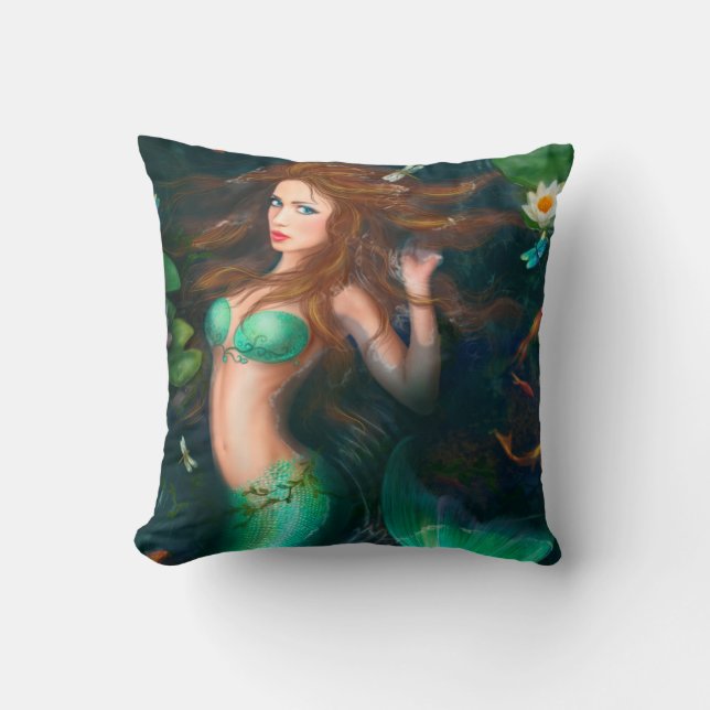 Coussin Beau Imaginaire sirène dans lac avec lili (Recto)