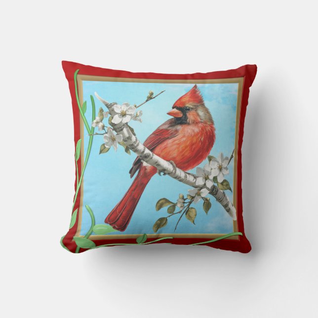 Coussin Beau oiseau cardinal sur une branche (Recto)