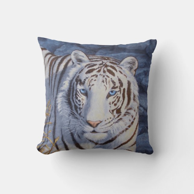 Coussin Beau tigre blanc aux yeux bleu cristal (Recto)