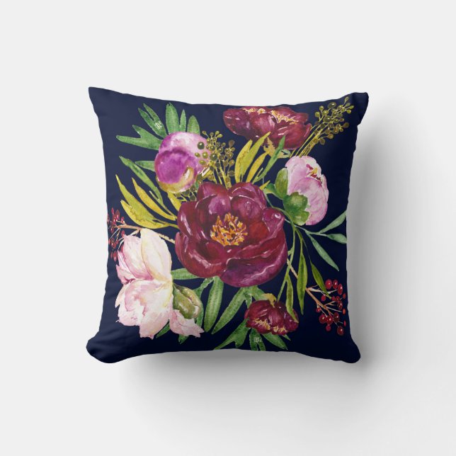 Coussin Beau vin pourpre et pivoines roses sur la marine (Recto)