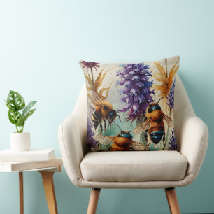Coussin Beauté éclatante   Abeilles et fleurs aquarelles