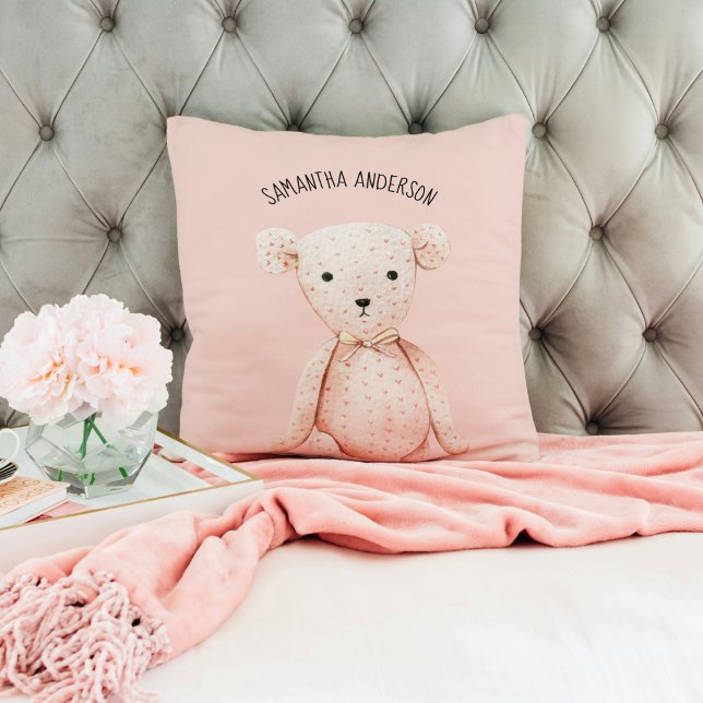 Coussin Beauté Moderne Pastel Pink Teddy Ours Avec Nom (Créateur téléchargé)