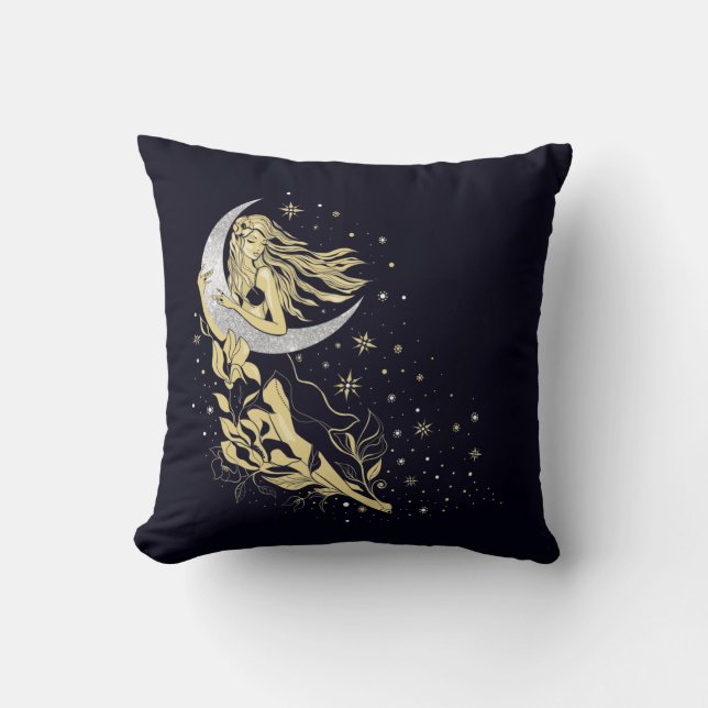 Coussin Beautiful moon stars woman art deco illustration (Recto)