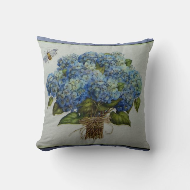 Coussin beaux hortensias bleus avec une abeille (Recto)