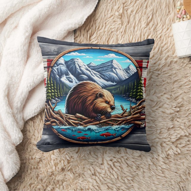 Coussin Beaver Building Lodge by Mountain Lake au Canada (Couverture)