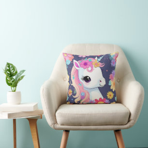 Coussin Bébé blanc adorable licorne avec fleurs