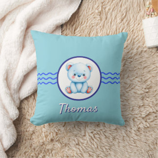 Coussin Bébé bleu ours en peluche nom personnalisé