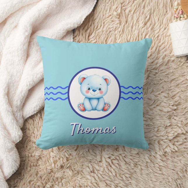 Coussin Bébé bleu ours en peluche nom personnalisé (Couverture)