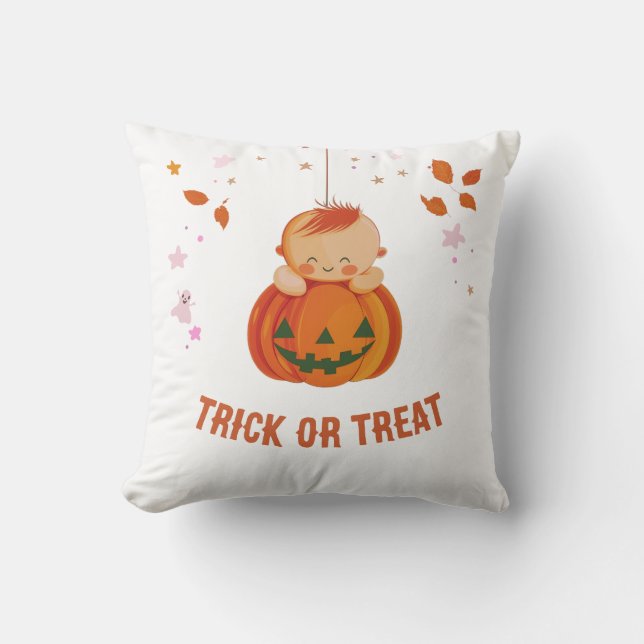 Coussin Bébé Citrouille Mignon Tour ou Trésor Halloween (Recto)