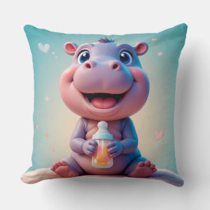 Coussin Bébé Hippopotame Mignon Tenant un Biberon Style Nu